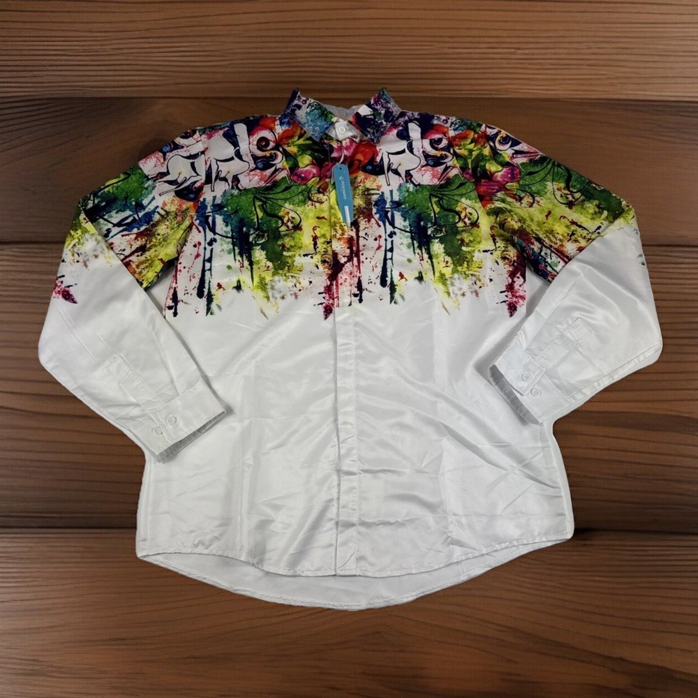 Mokewen Shirt Men XXXL White Long Sleeve Button Up Graffiti Abstract Hip Hop NWD